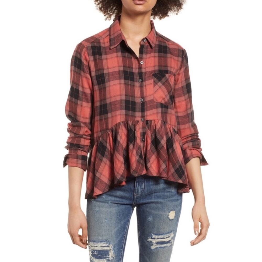 BP Red Black Plaid Peplum Button Down Shirt Flannel Checkered Flowy Size XL
